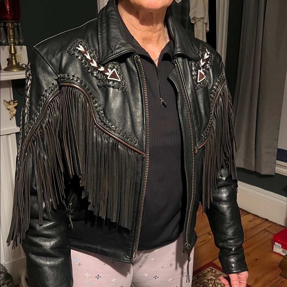 Vintage Unik Black Leather Jacket with Fringe, Beads & Braiding - Picture 14 of 16